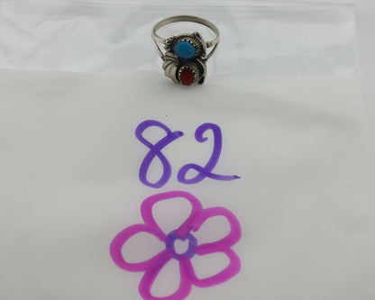 Navajo Ring .925 Silver Morenci Turquoise & Coral Native Artist Signed JM C.80's