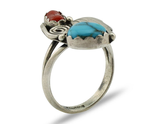 Navajo Handmade Ring 925 Silver Turquiose & Coral Native American Artist C.80's