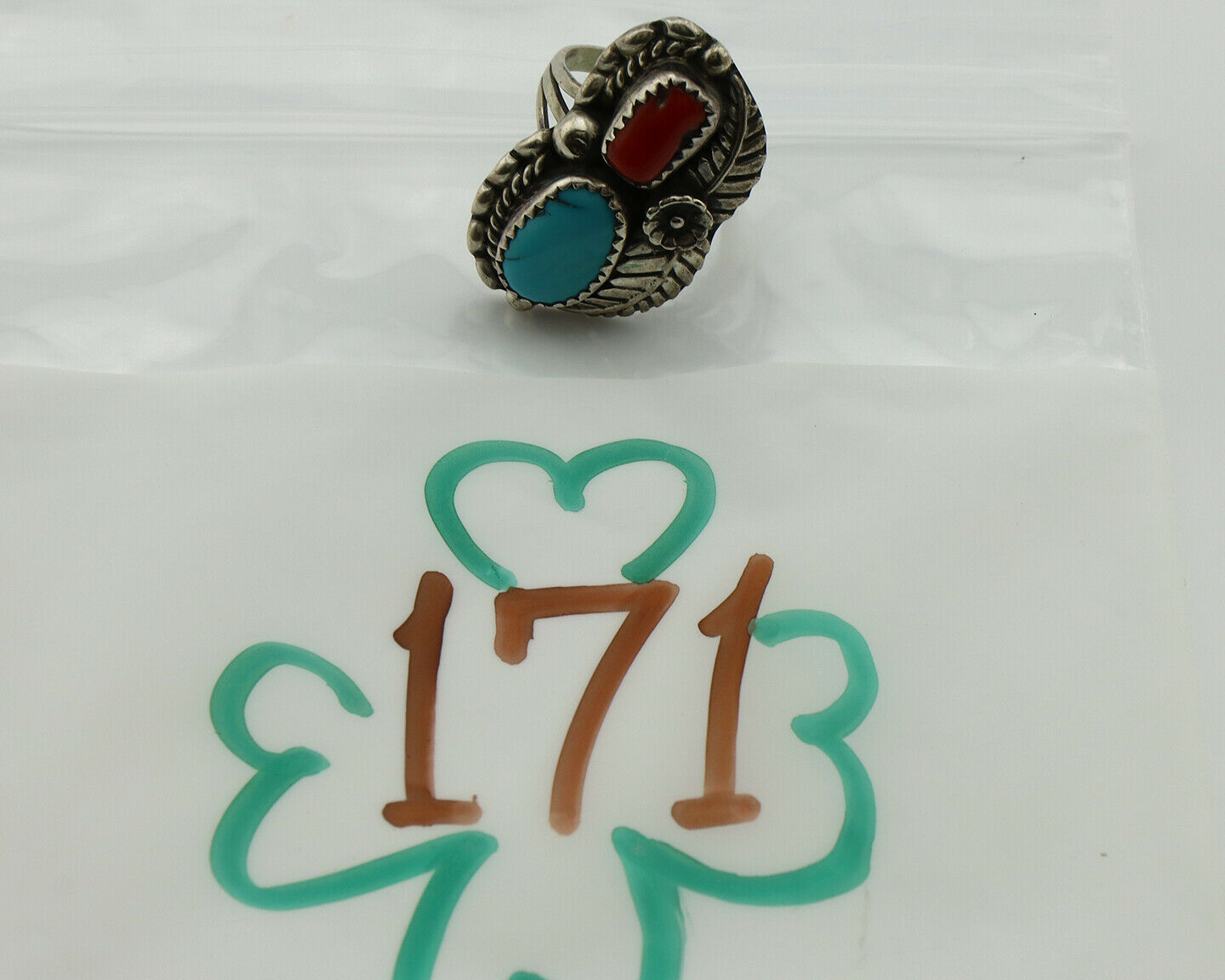 Navajo Ring .925 Silver Turquoise & Coral Artist Signed Thomas Singer C.80's