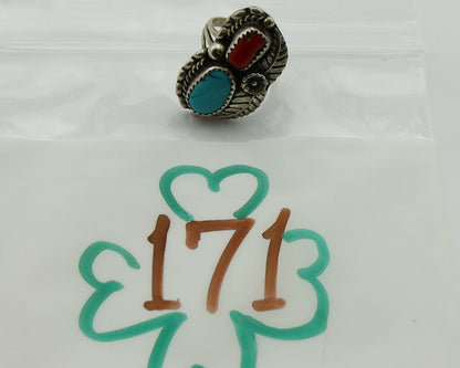 Navajo Ring .925 Silver Turquoise & Coral Artist Signed Thomas Singer C.80's