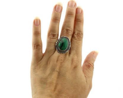 Navajo Ring 925 Silver Natural Green Malachite Signed William Denetdale C.80's