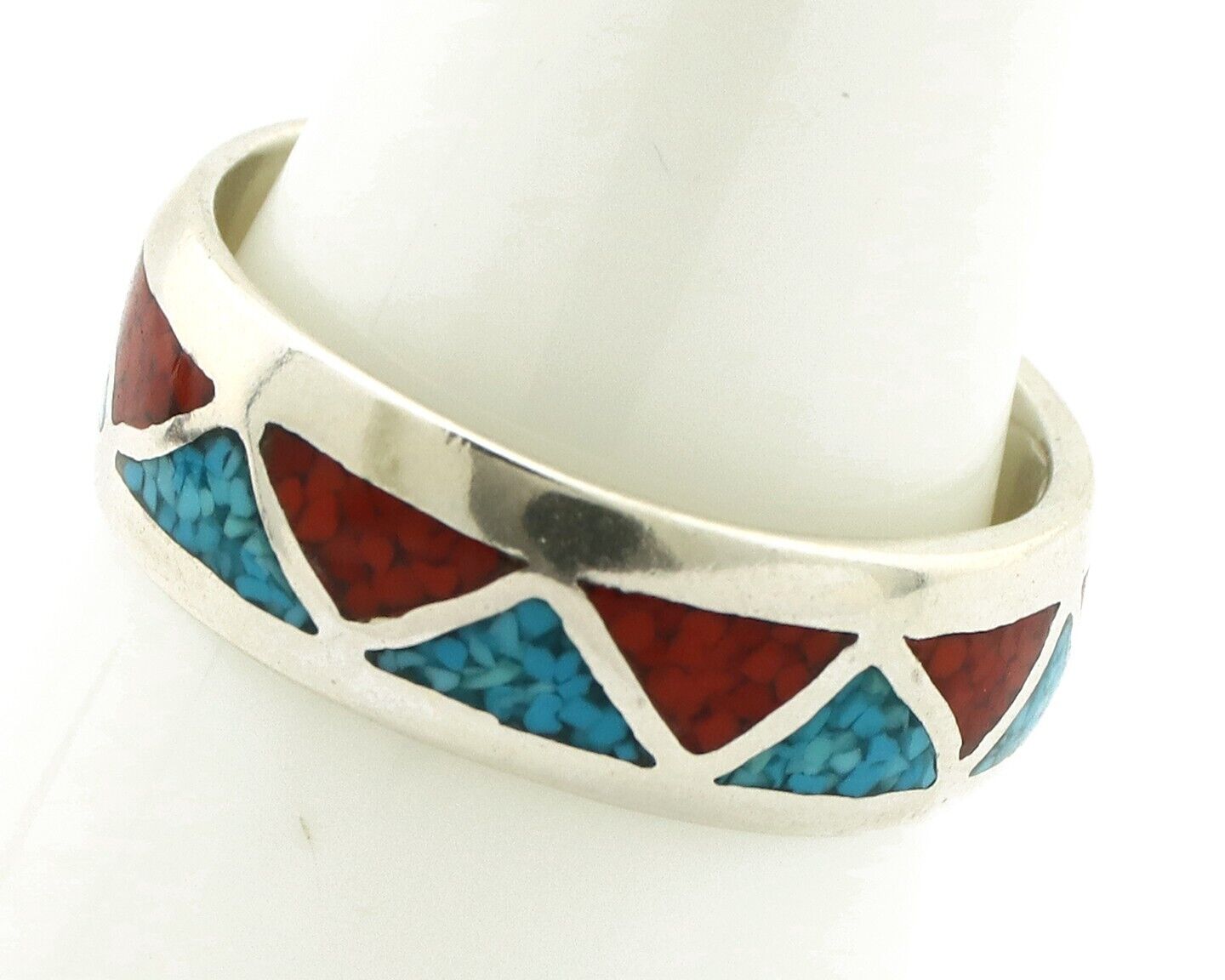 Navajo Chip Inlay Ring 925 Silver Sleeping Beauty Turquoise & Coral Silver Cloud
