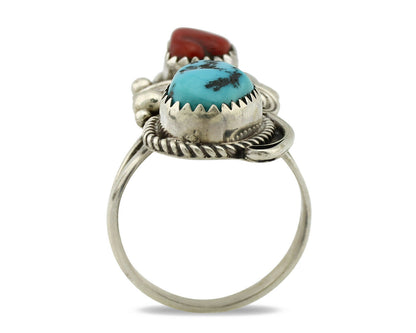 Navajo Ring .925 Silver Turquoise & Coral Artist Signed J Morris C.80's
