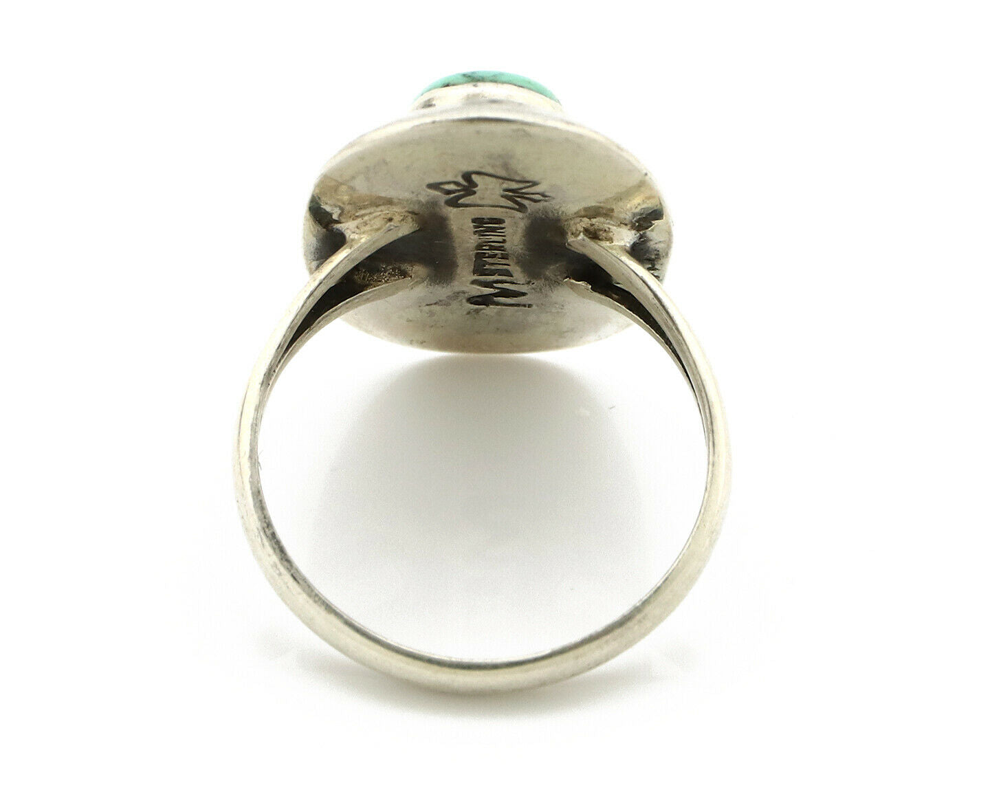 Navajo Shadow Box Ring .925 Silver Kingman Turquoise Signed M Montoya C80s