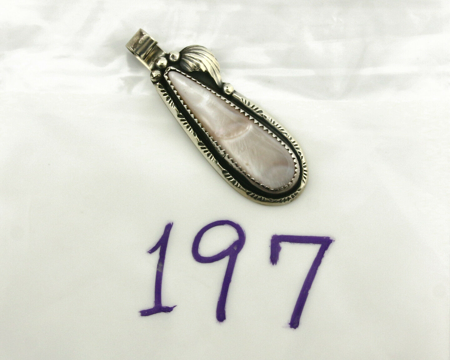 Navajo Pendant .925 Silver Real Natural Pink Mussel Signed Yazzie C.80's