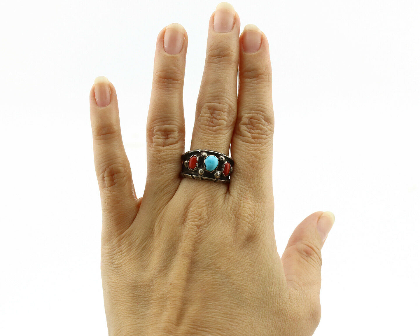Zuni Ring .925 Silver Turquoise & Coral Artist Signed Milton Lasillo C.80's