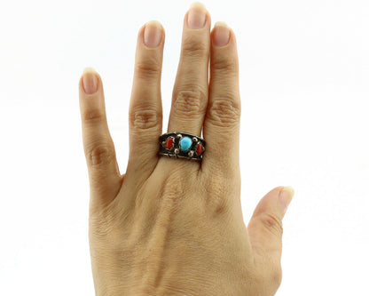 Zuni Ring .925 Silver Turquoise & Coral Artist Signed Milton Lasillo C.80's