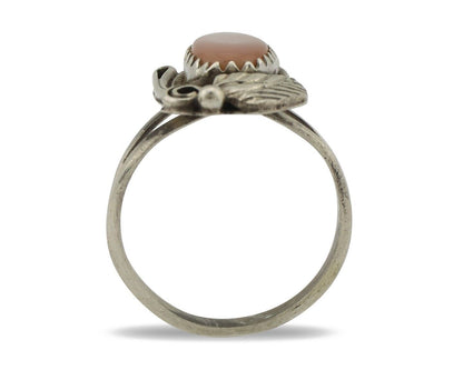 Navajo Ring .925 Silver Natural Pink Mussel Artist Signed Justin Morris C.80's