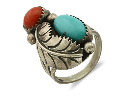 Navajo Ring .925 Silver Turquoise & Coral Native American Artist C.1980's