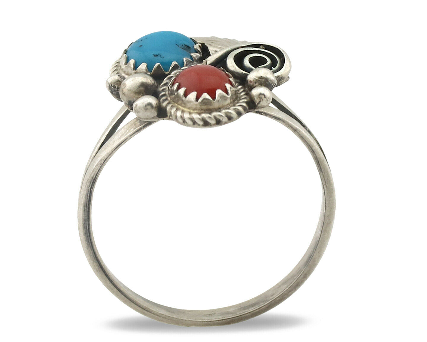Navajo Ring .925 Silver Morenci Turquoise & Coral Native Artist Signed JM C.80's