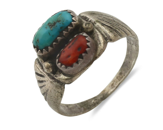 Zuni Ring .925 Silver Natural Turquoise & Coral Native American Artist C.1980's