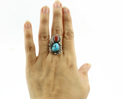 Navajo Ring .925 Silver Turquoise & Coral Artist Signed Thomas Singer C.80's