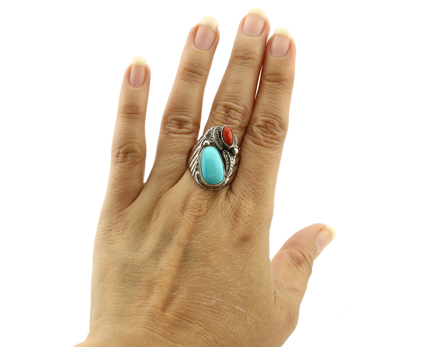 Navajo Ring 925 Silver Coral & Globe Turquoise Native American Artist C.1970's