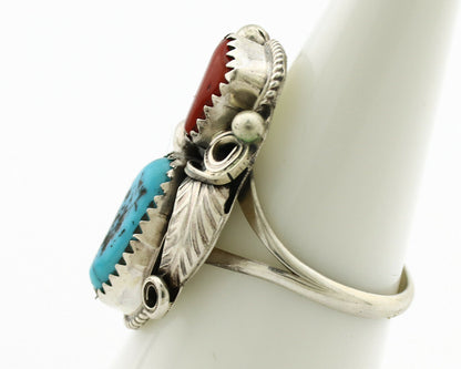 Navajo Ring .925 Silver Turquoise & Coral Artist Signed J Morris C.80's