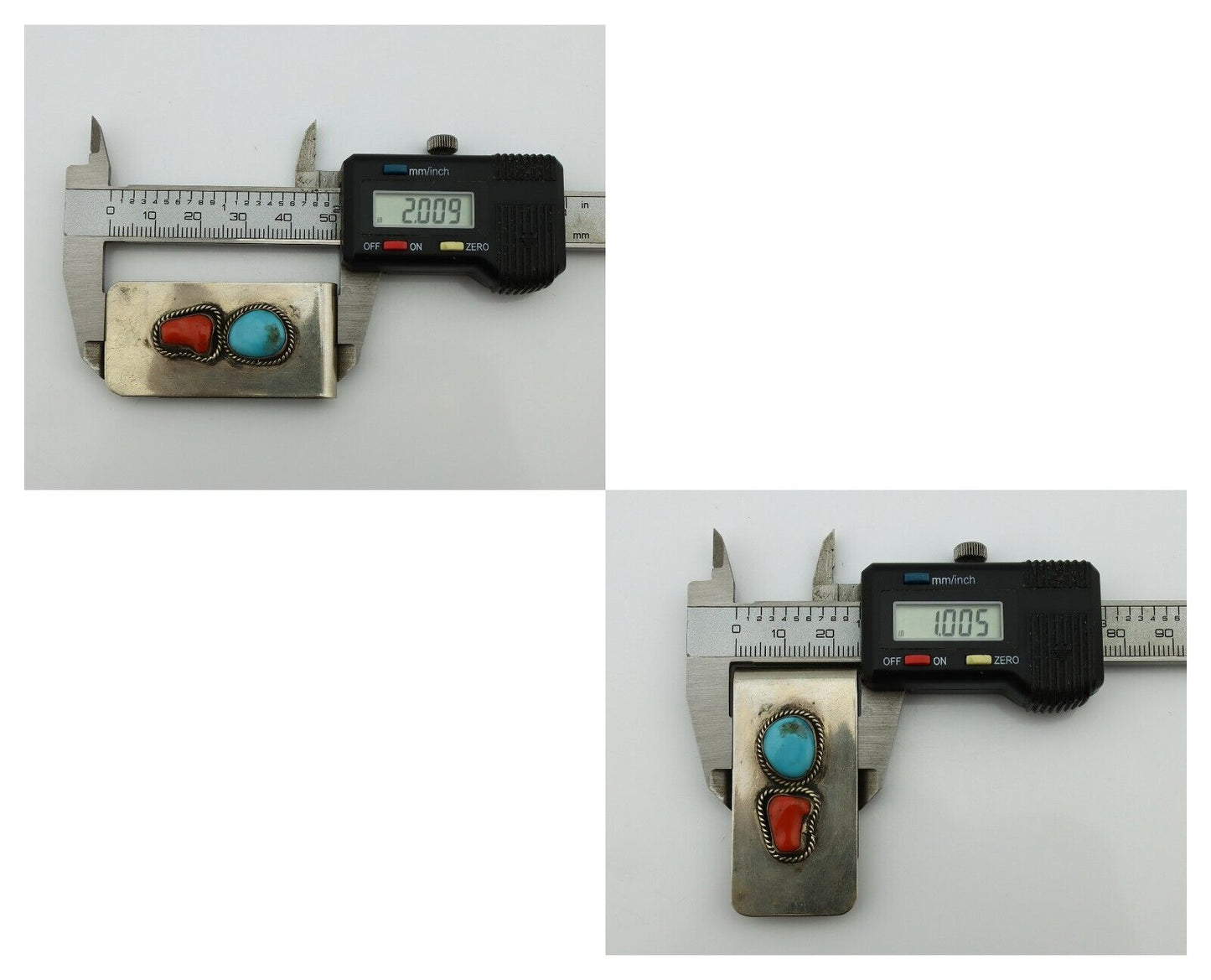 Navajo Money Clip 925 Silver & 999 Nickel Natural Turquoise & Coral Artist C80