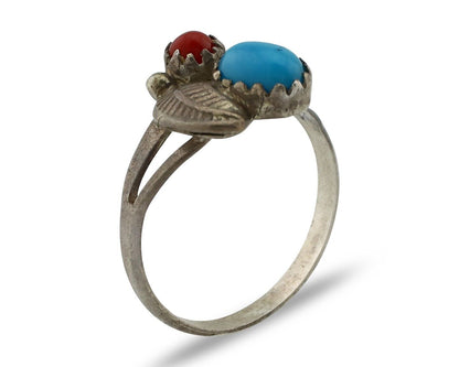 Navajo Handmade Ring 925 Silver Turquiose & Coral Native American Artist C.80's