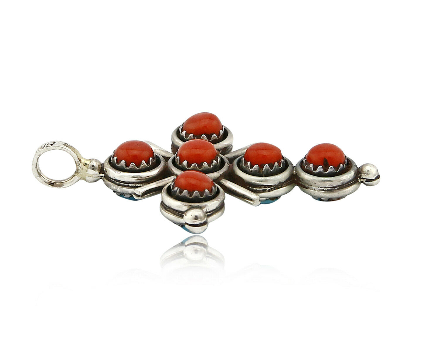 Zuni Natural Turquoise and Coral Reversible 925 Silver Handmade Pendant