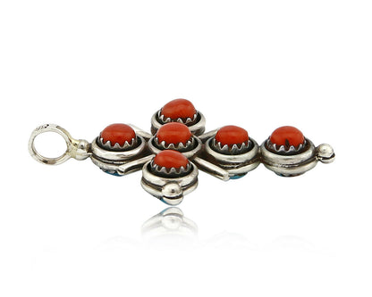 Zuni Natural Turquoise and Coral Reversible 925 Silver Handmade Pendant