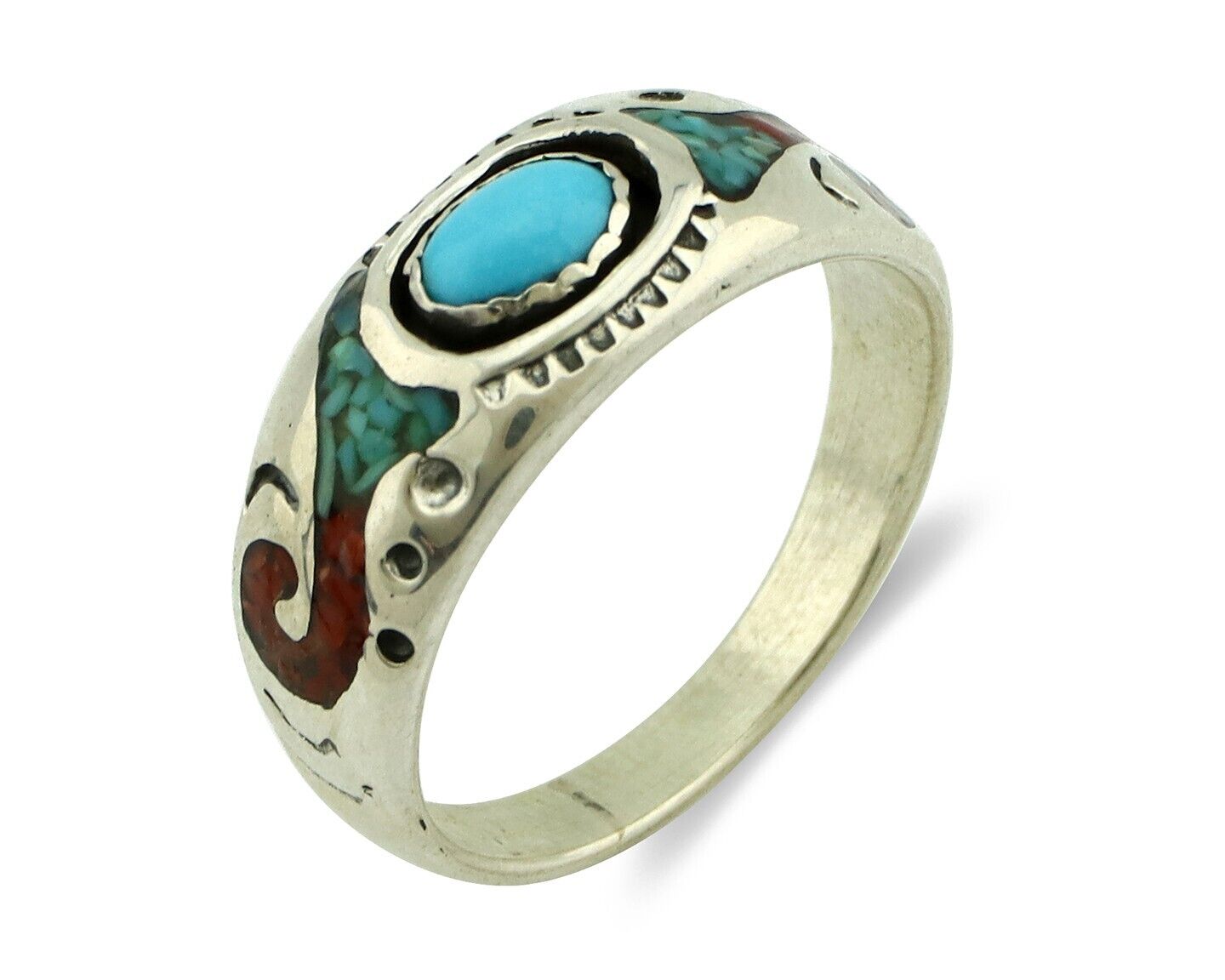 Navajo Handmade Ring 925 Silver Blue Turquoise & Coral Native American C.80's