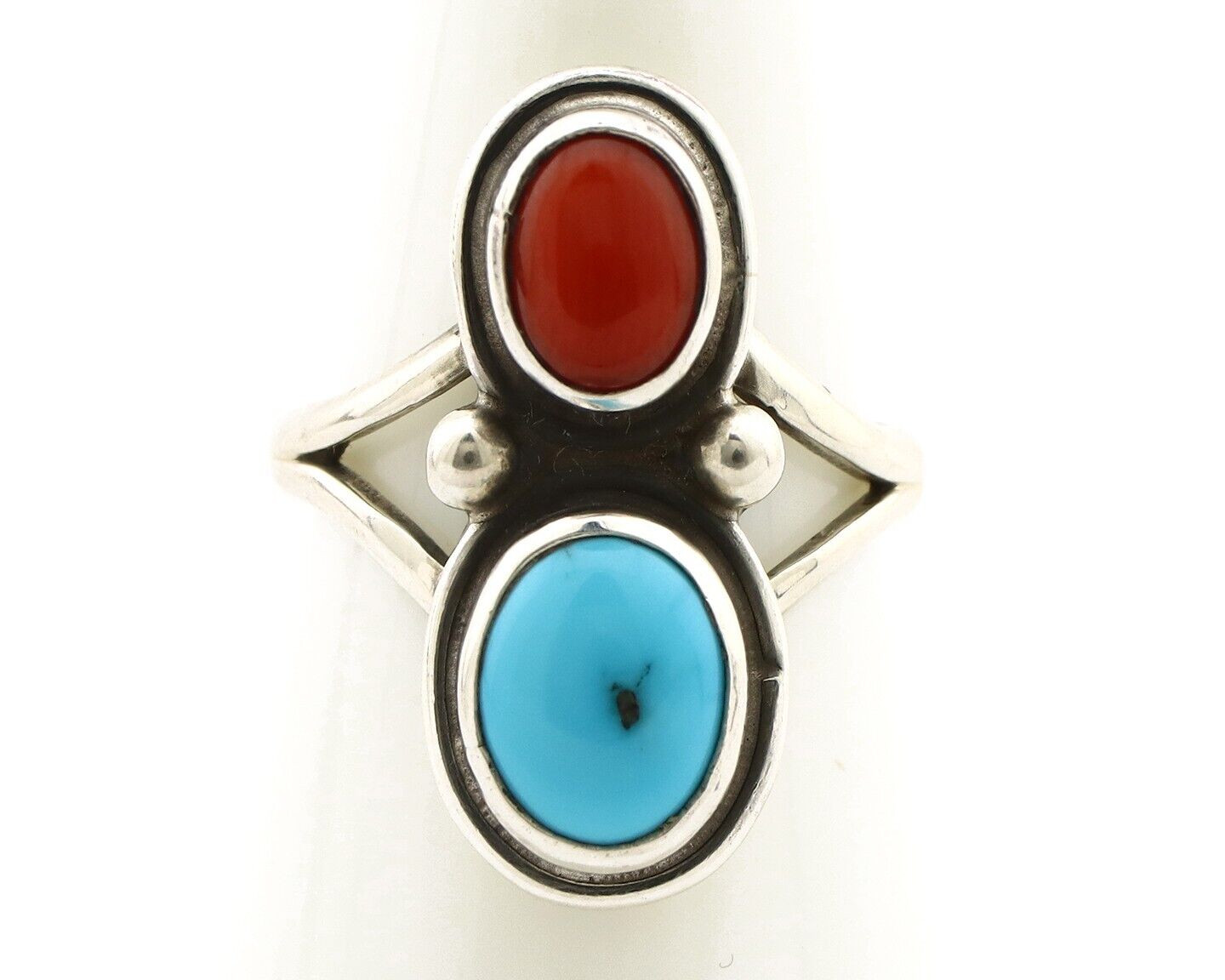 Navajo Handmade Ring 925 Silver Coral & Turquoise Native American Artist C.80's