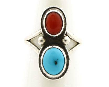 Navajo Handmade Ring 925 Silver Coral & Turquoise Native American Artist C.80's