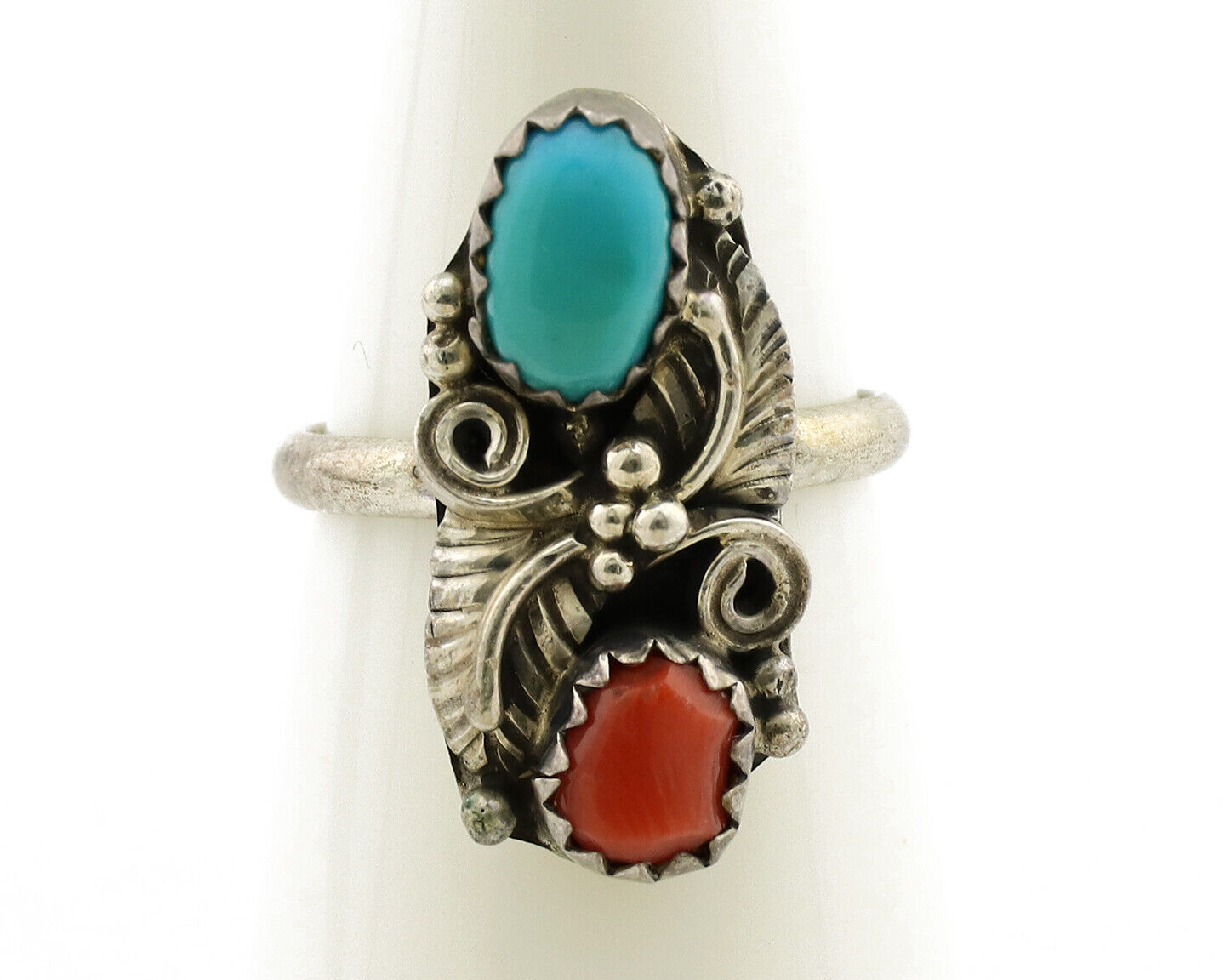 Navajo Ring 925 Silver Coral & Turquoise Handmade Native American Artist C.1980s
