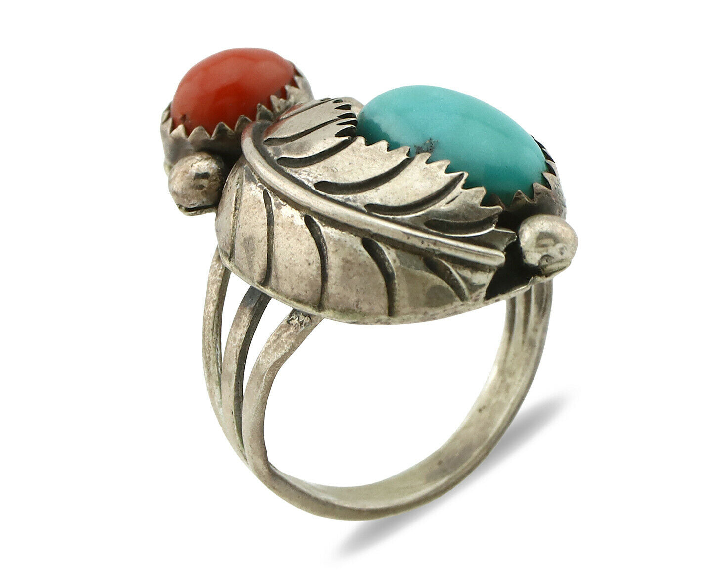 Navajo Ring .925 Silver Turquoise & Coral Native American Artist C.1980's