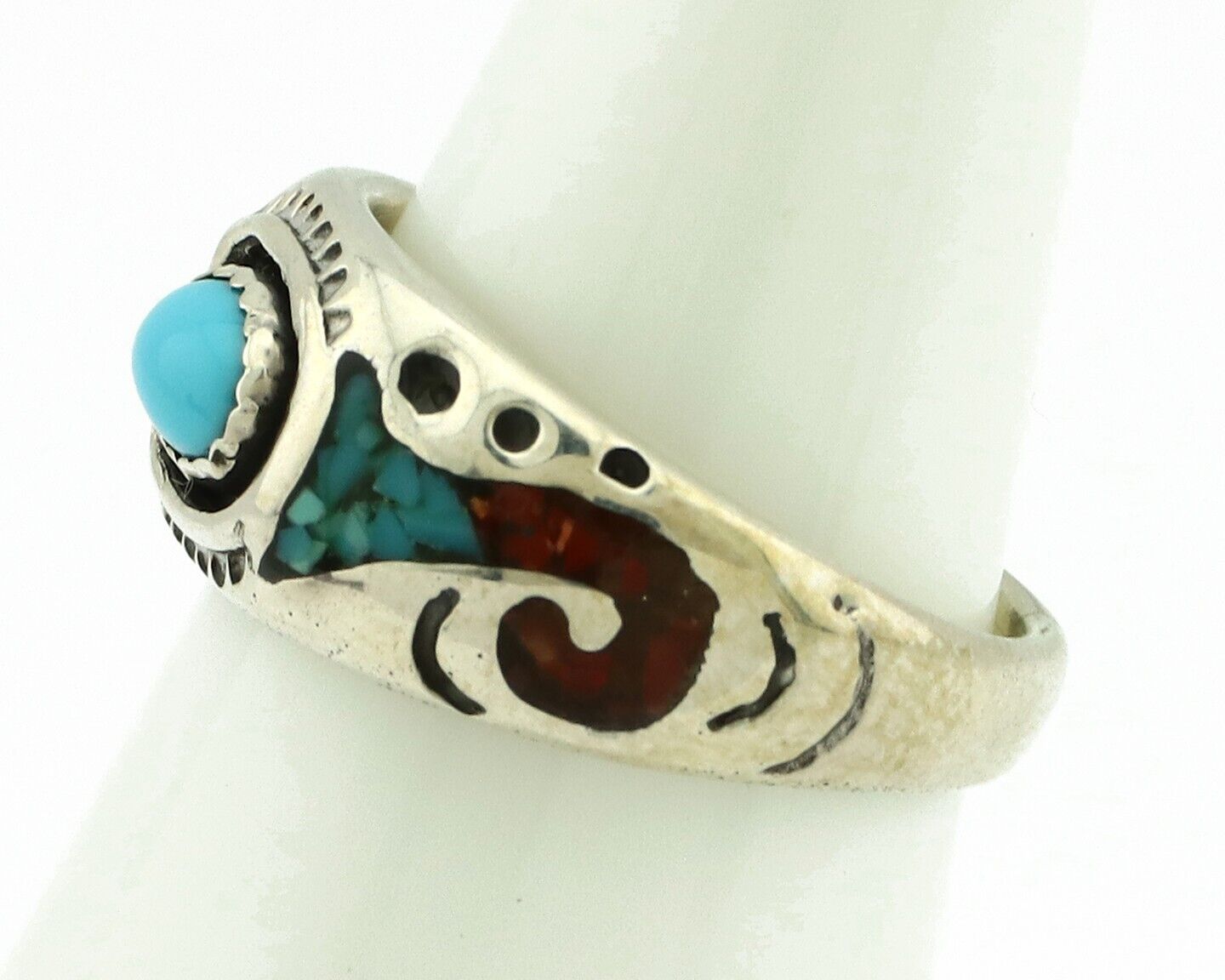 Navajo Handmade Ring 925 Silver Blue Turquoise & Coral Native American C.80's
