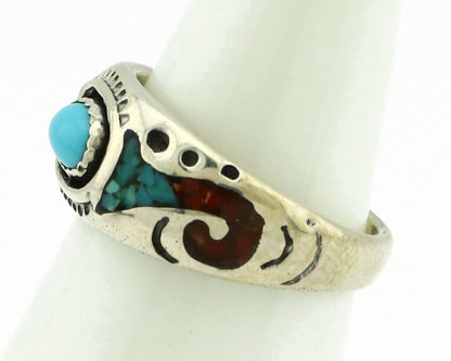 Navajo Handmade Ring 925 Silver Blue Turquoise & Coral Native American C.80's