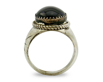 Women's Navajo Ring .925 SOLID Silver Hand Stamped Black Onyx Circa 1980's