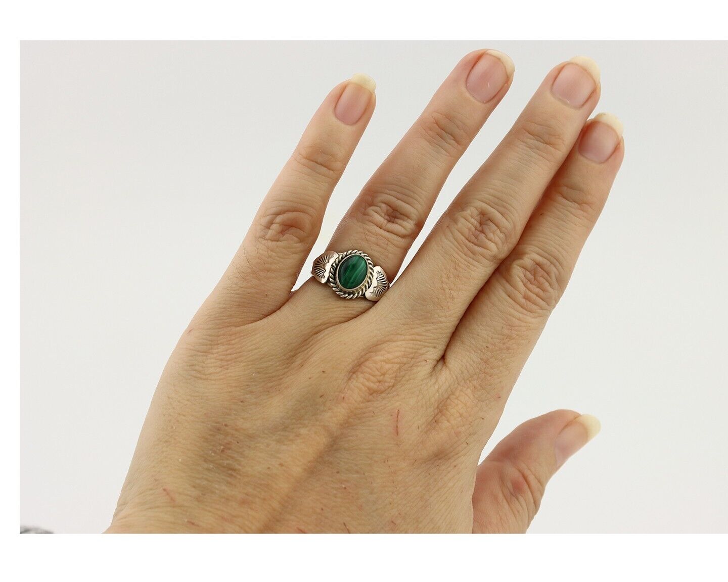 Navajo Ring .925 Silver Malachite Hand Stamped Native American Artist C.80's
