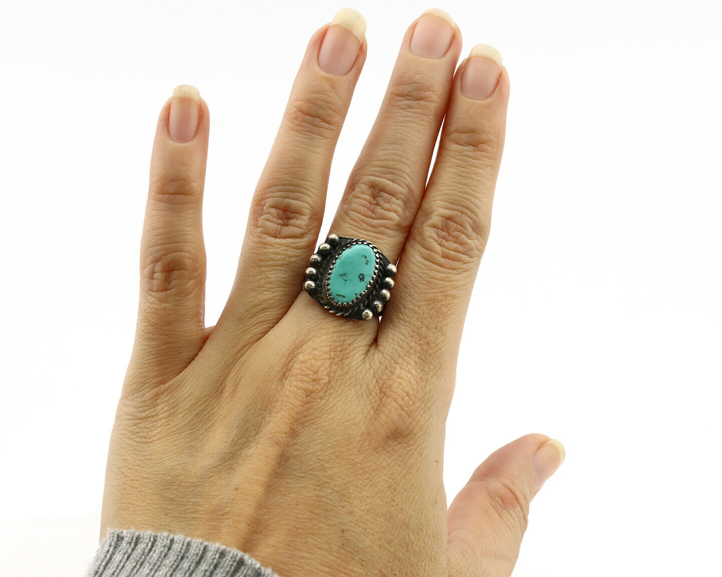 Navajo Ring .925 Silver Kingman Turquoise Artist Signed FA C.1980's