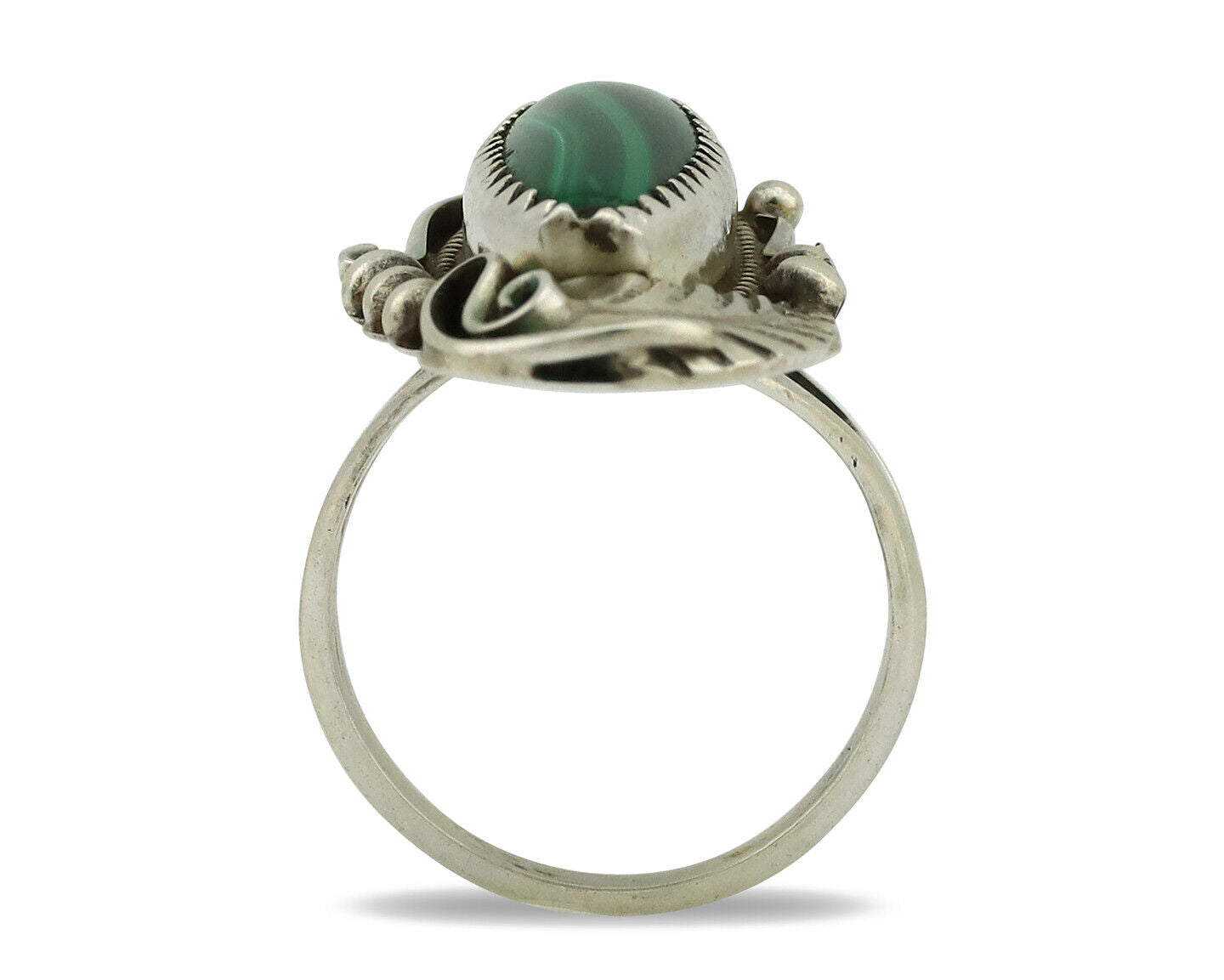 Navajo Ring 925 Silver Natural Green Malachite Signed Justin Morris C.80's