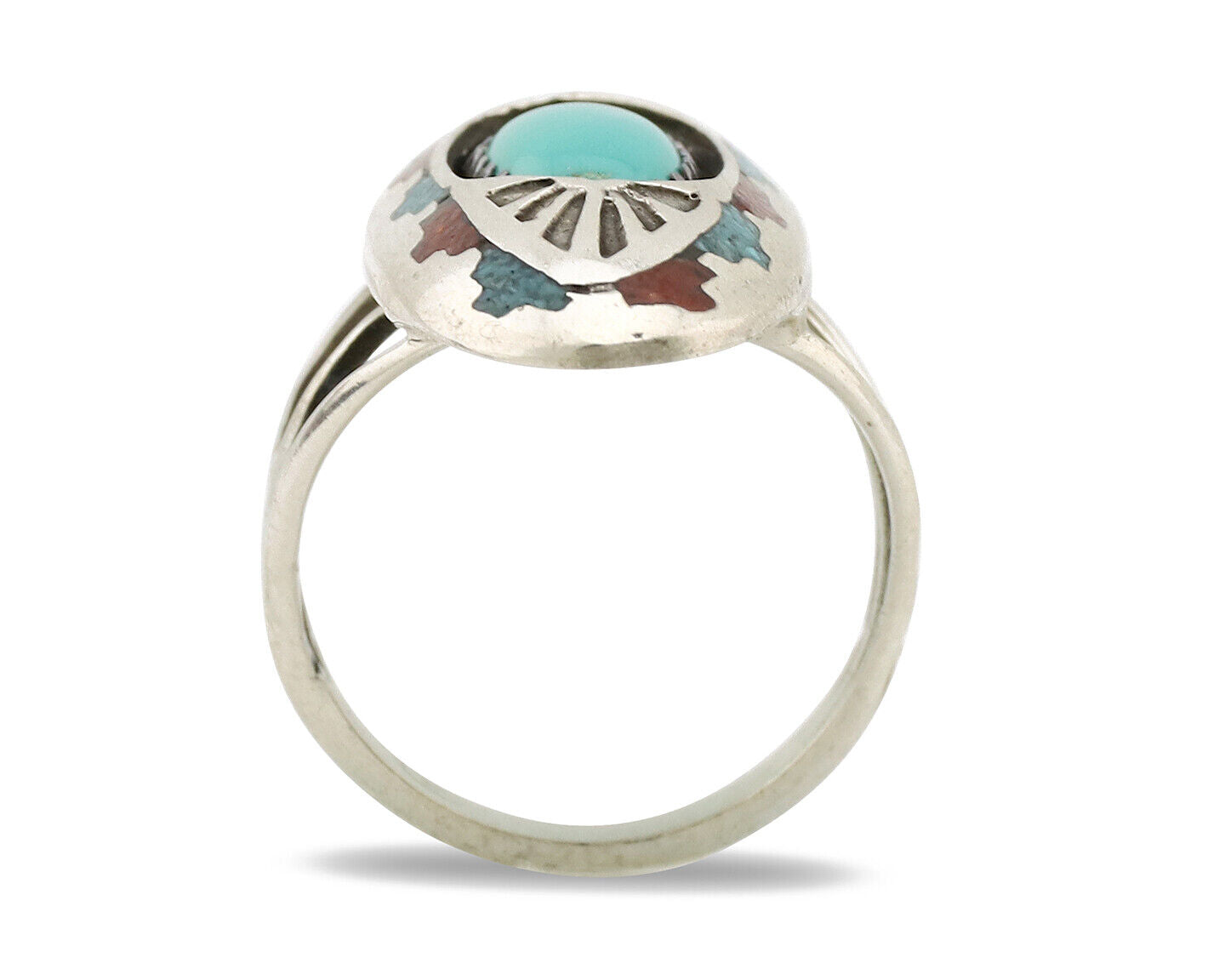 Navajo Ring 925 Silver Turquoise & Coral Signed Circle JW C.80s