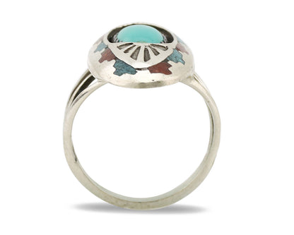 Navajo Ring 925 Silver Turquoise & Coral Signed Circle JW C.80s