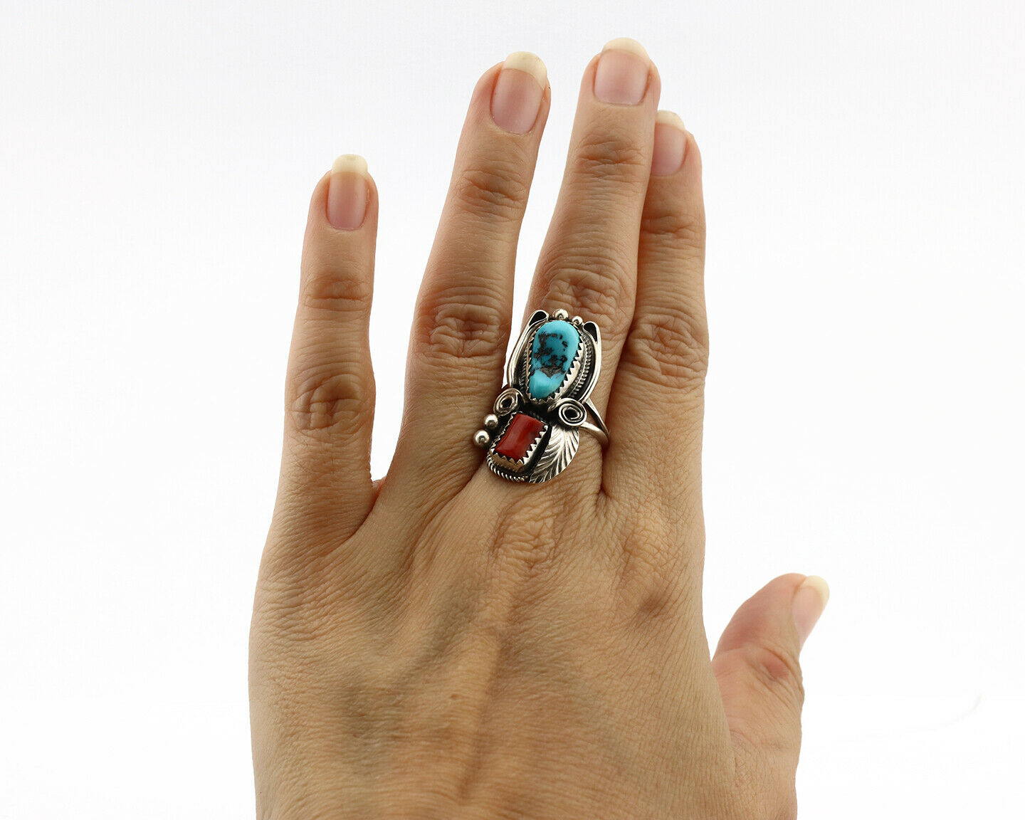 Navajo Ring .925 Silver Turquoise & Coral Artist Signed J Morris C.80's