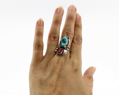Navajo Ring .925 Silver Turquoise & Coral Artist Signed J Morris C.80's