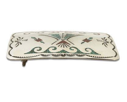 Navajo Belt Buckle .925 Silver Handmade Chip Inlay Artist Signed Bee Gay C.80's