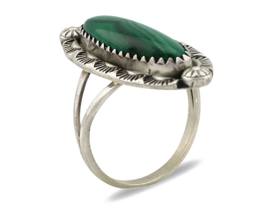 Navajo Ring 925 Silver Natural Malachite Artist Native American Signed H C.80's