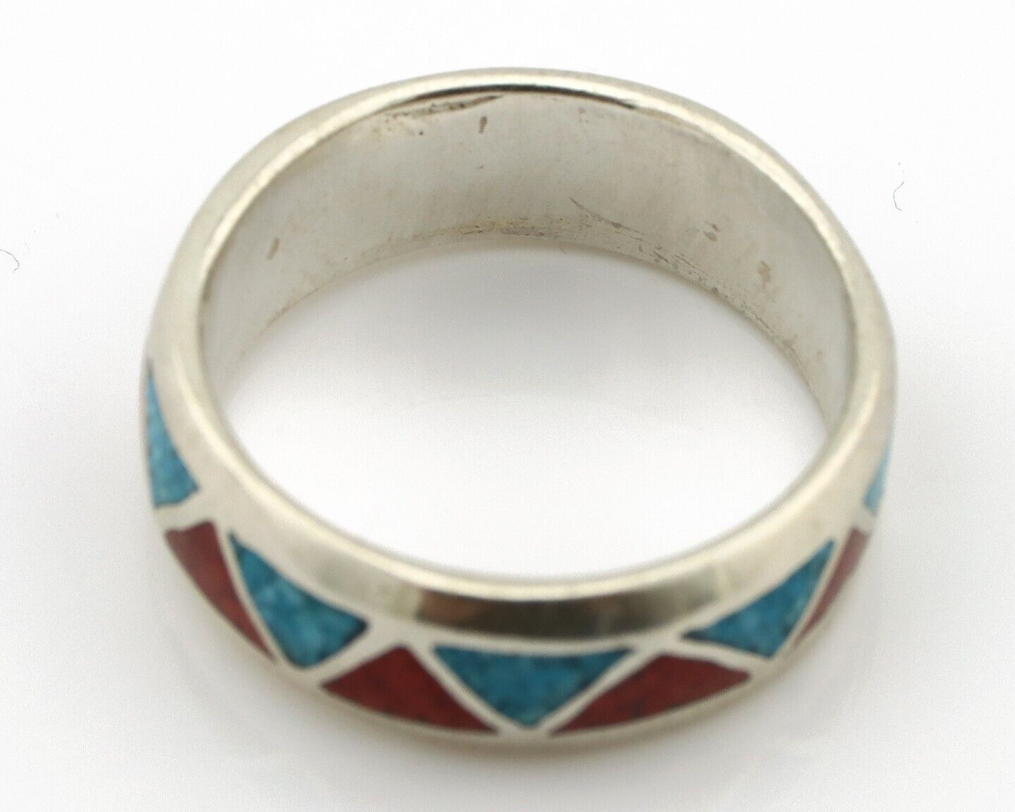 Navajo Chip Inlay Ring 925 Silver Sleeping Beauty Turquoise & Coral Silver Cloud