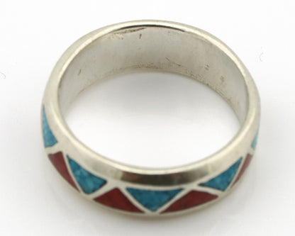 Navajo Chip Inlay Ring 925 Silver Sleeping Beauty Turquoise & Coral Silver Cloud