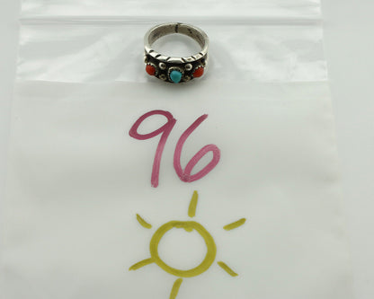 Navajo Ring 925 Silver Coral & Sleeping Beauty Turquoise Native Artist C.70's