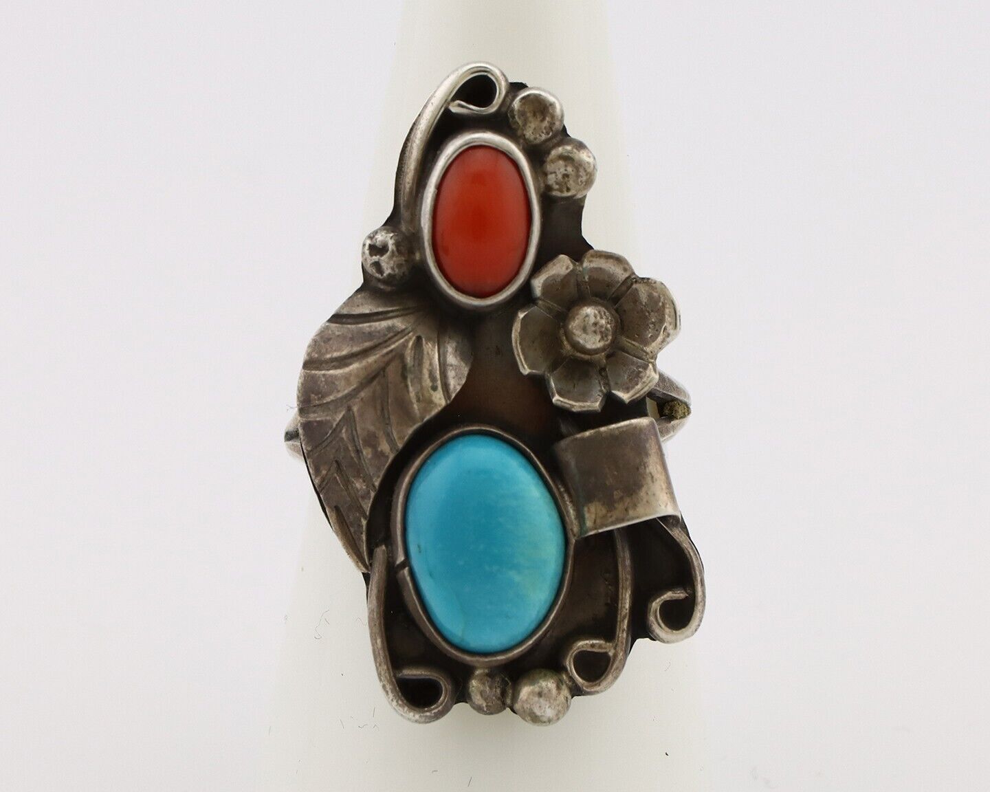 Navajo Handmade Ring 925 Silver Turquiose & Coral Artist Signed WJ C.80's