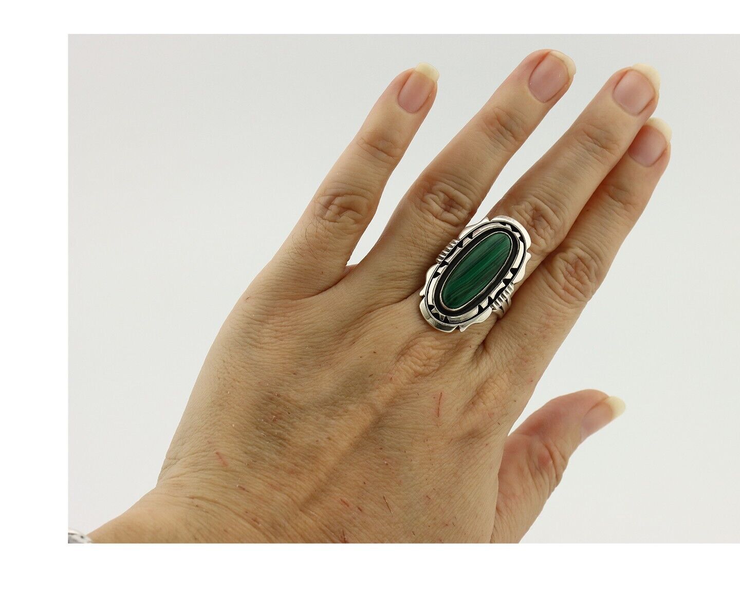 Navajo Ring .925 Silver Malachite Hand Stamped Signed William Denetdale C.80's