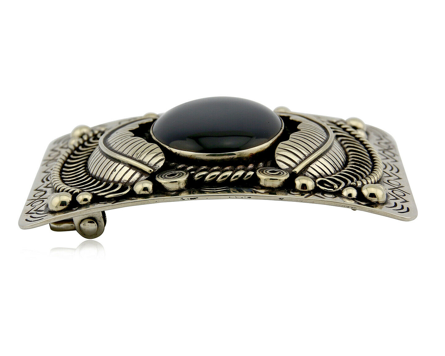 Navajo Handmade Belt Buckle .999 Nickle Silver Onyx Artist Signed Tipi C.80's