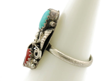 Navajo Ring 925 Silver Turquoise & Coral Artist Signed Native American C.80s