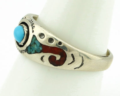 Navajo Handmade Ring 925 Silver Blue Turquoise & Coral Native American C.80's