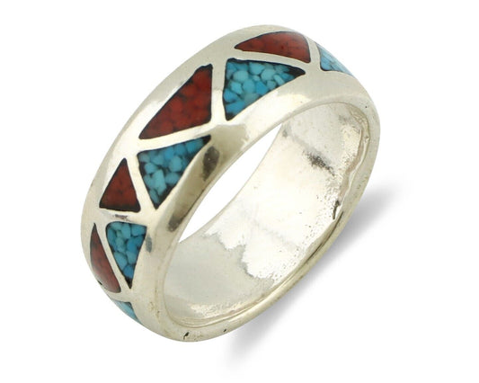 Navajo Ring 925 Silver Natural Turquoise & Coral Native American Artist C.80's