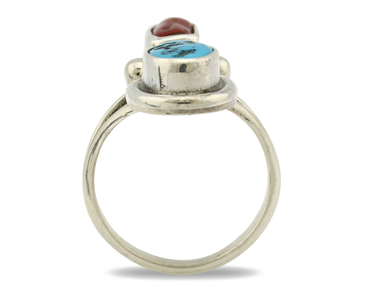 Navajo Ring .925 Silver Blue Turquoise & Red Coral Native American Artist C.80's