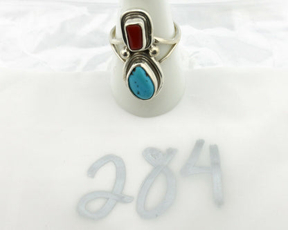 Navajo Ring .925 Silver Blue Turquoise & Red Coral Native American Artist C.80's